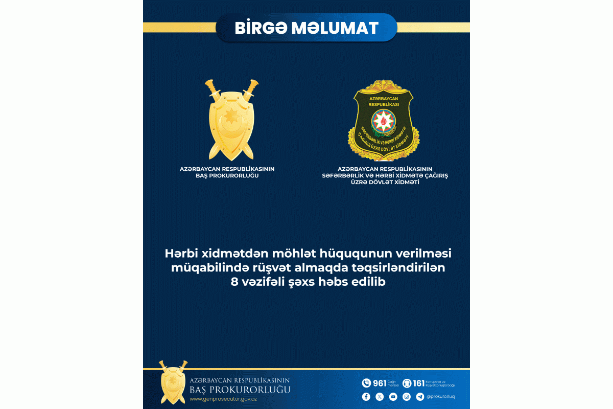 Səfərbərlik Xidmətinin 8 vəzifəli şəxsi rüşvətə görə həbs edilib